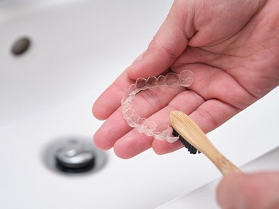 A person cleaning their Invisalign aligners with a toothbrush